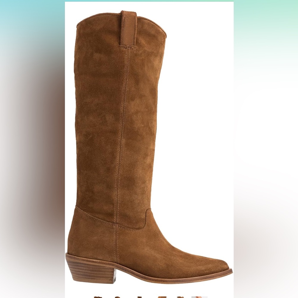 Low Stacked Slouchy Knee High Western Boots Pointed Square Toe Velvet Suede 1.5"